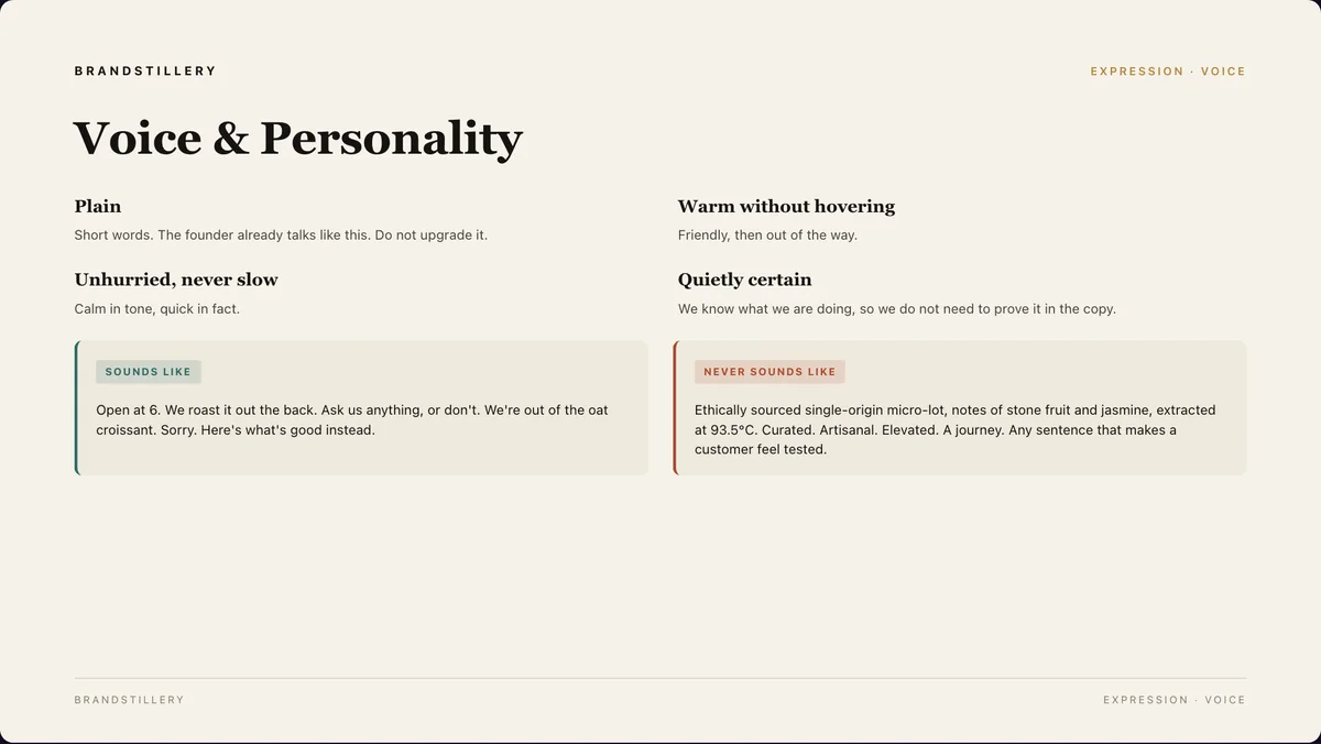 A deck page headed Voice and Personality, listing voice traits beside a sounds-like and a never-sounds-like example.