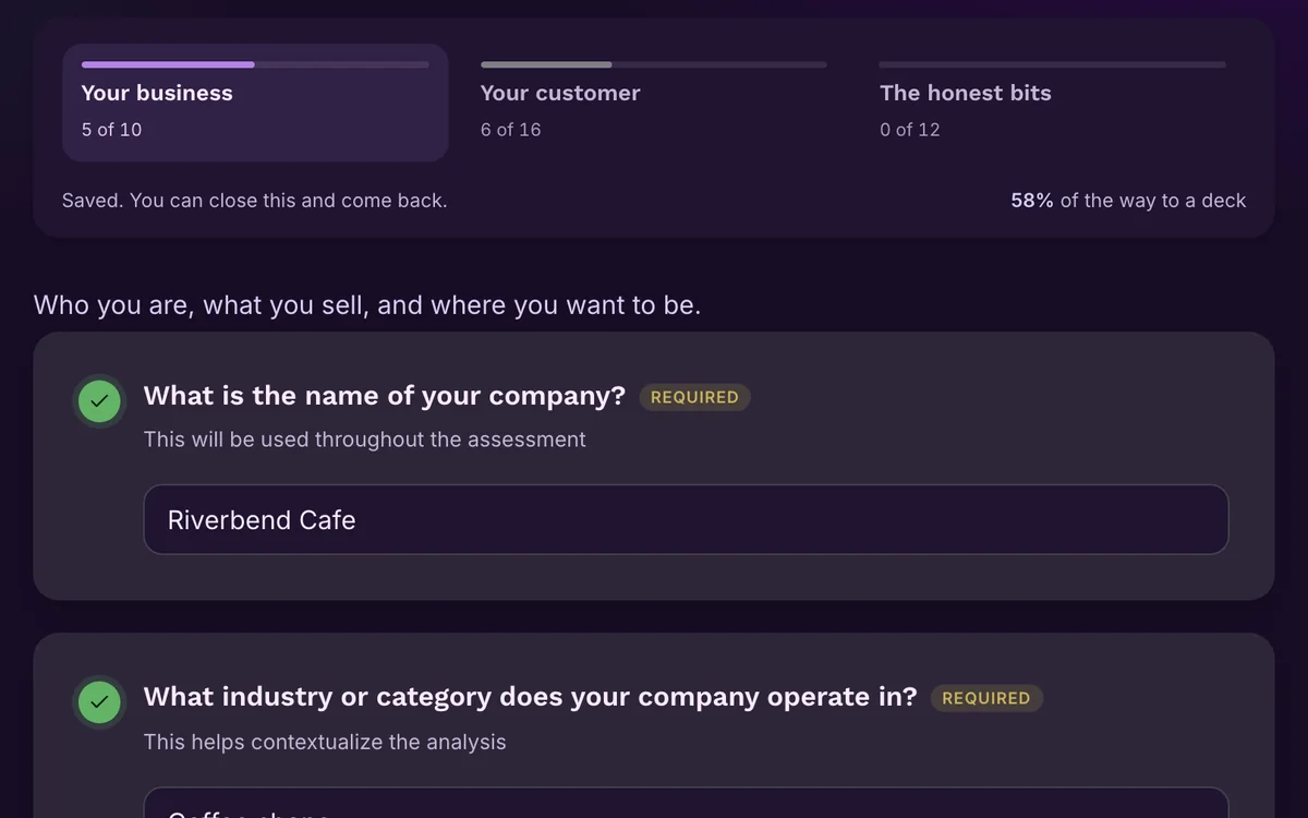 The questionnaire, part-answered for a cafe: three sections: Your business, 5 of 10; Your customer, 6 of 16; The honest bits, 0 of 12. Above them the line Saved, you can close this and come back, and two answered questions.